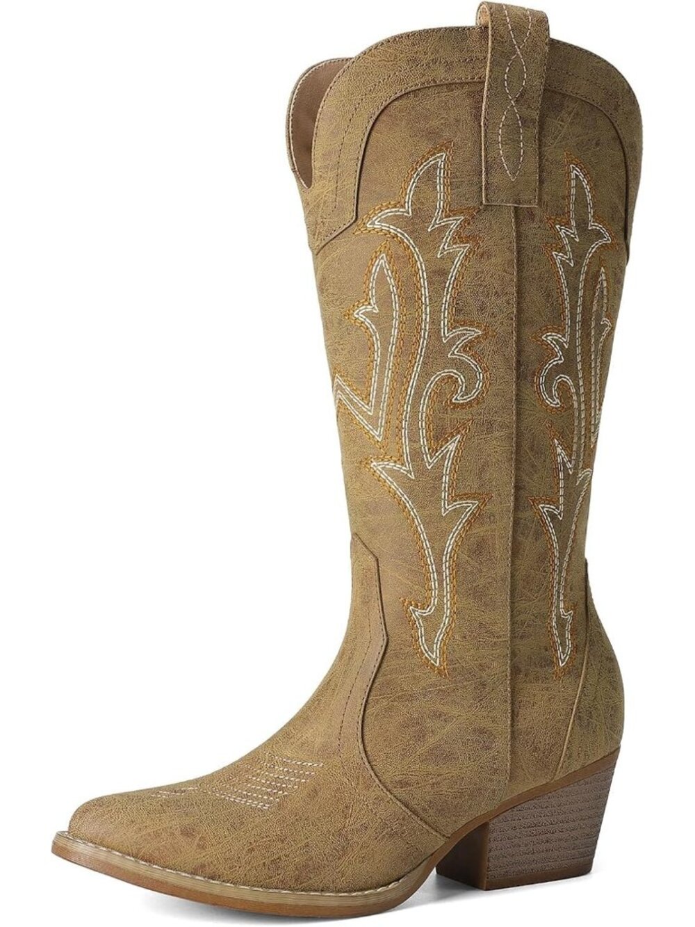 DREAM PAIRS Women's Tan Classic Cowgirl Mid Calf Boots Pointed Toe Chunky Heels